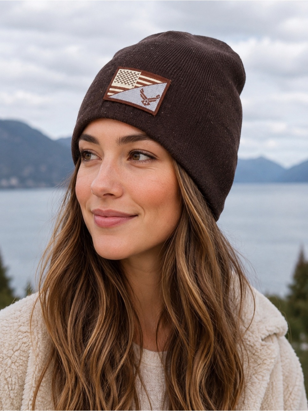 Yacht & Smith Brown Military Flag Patch Knit Beanie Unisex NWT